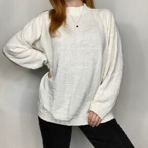 Vintage 80s Spunky Oversized 0X Ivory Floral Embroidered Mockneck Sweater